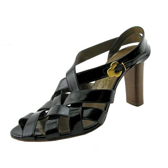 Ferragamo Shoes Women's Size 9 Black Patent Leather Block Heel Strappy Sandals - Picture 14 of 14